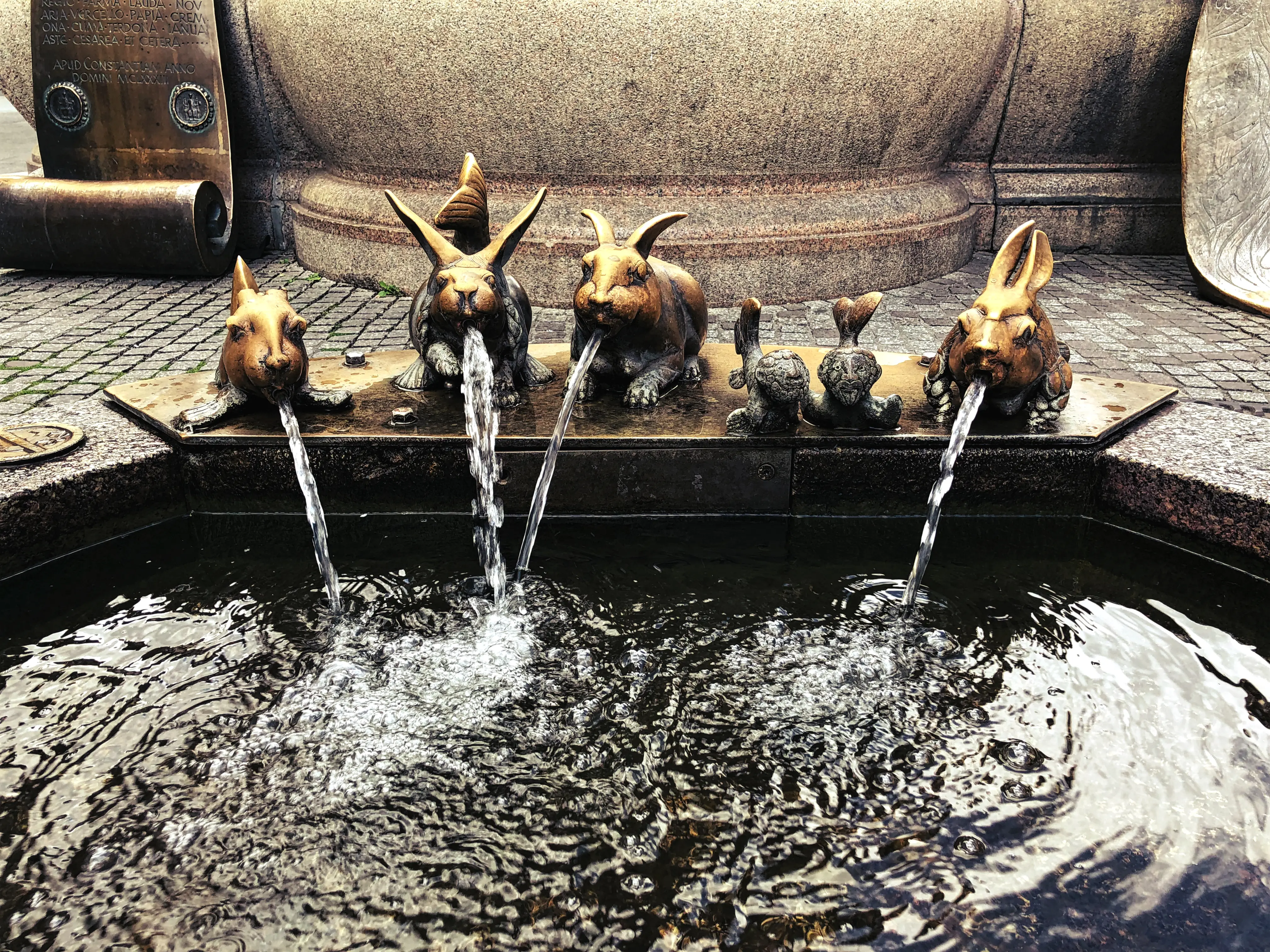 Die Seehasen am Kaiserbrunnen auf der Marktstätte sind zusätzlich ein kleines Wasserspiel.